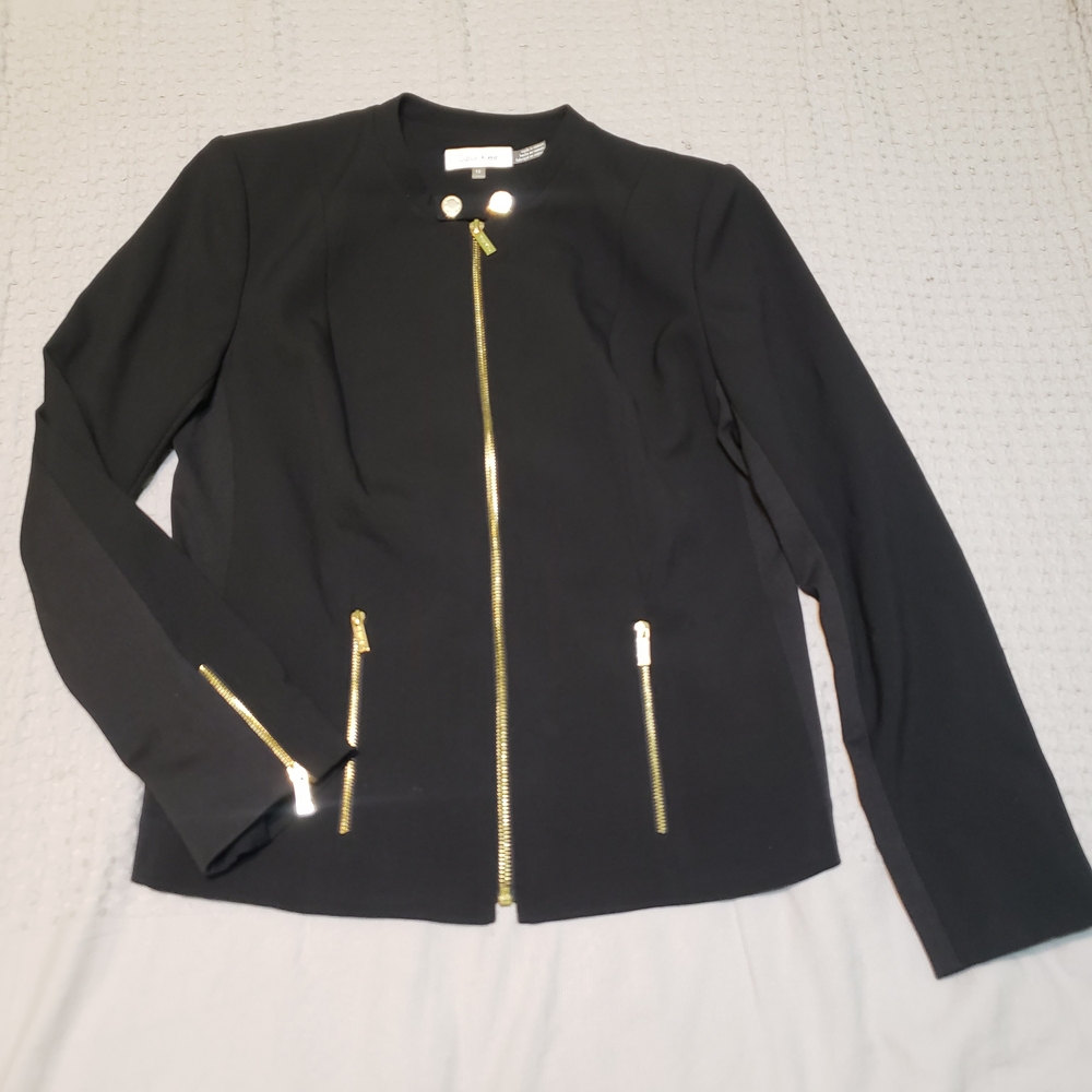 Calvin Klein Black Collarless Zip-Front Blazer Jacket with Gold Hardware Size 10 - Picture 3 of 12